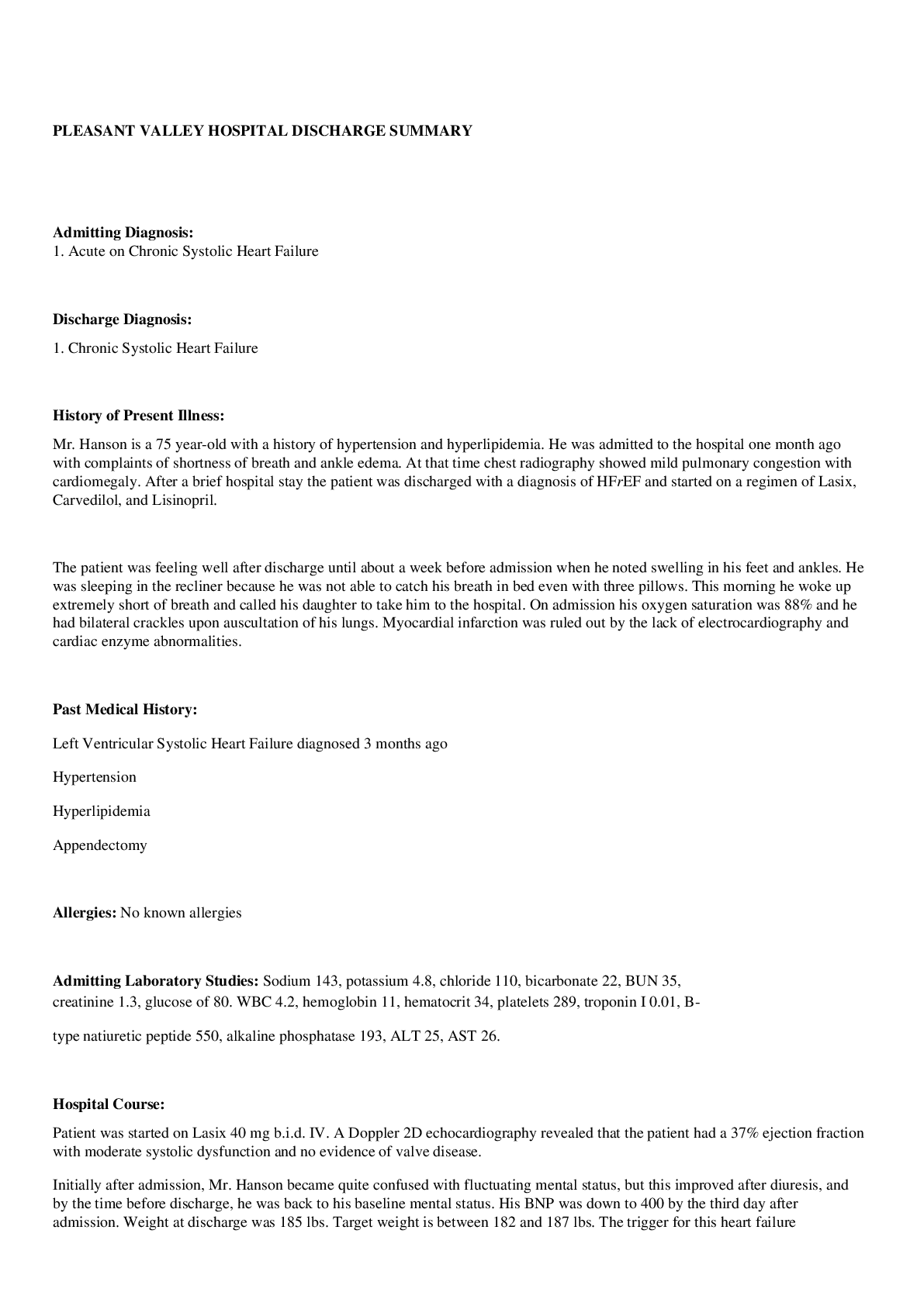Preview image for PLEASANT VALLEY HOSPITAL DISCHARGE SUMMARY/ Hospital_Discharge_Summary/ MED SURG 211/ PLEASANT VALLEY HOSPITAL DISCHARGE SUMMARY